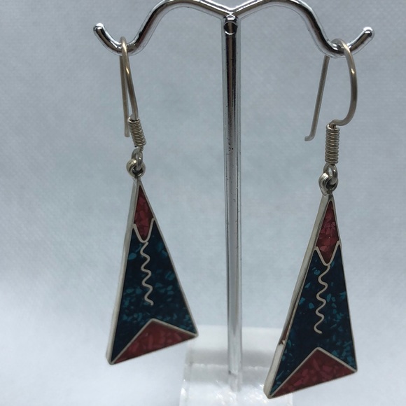 VTG Sterling Navajo Inlay Earrings - Picture 1 of 5